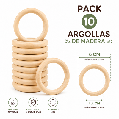 Pack de 10 argollas de madera natural para manualidades