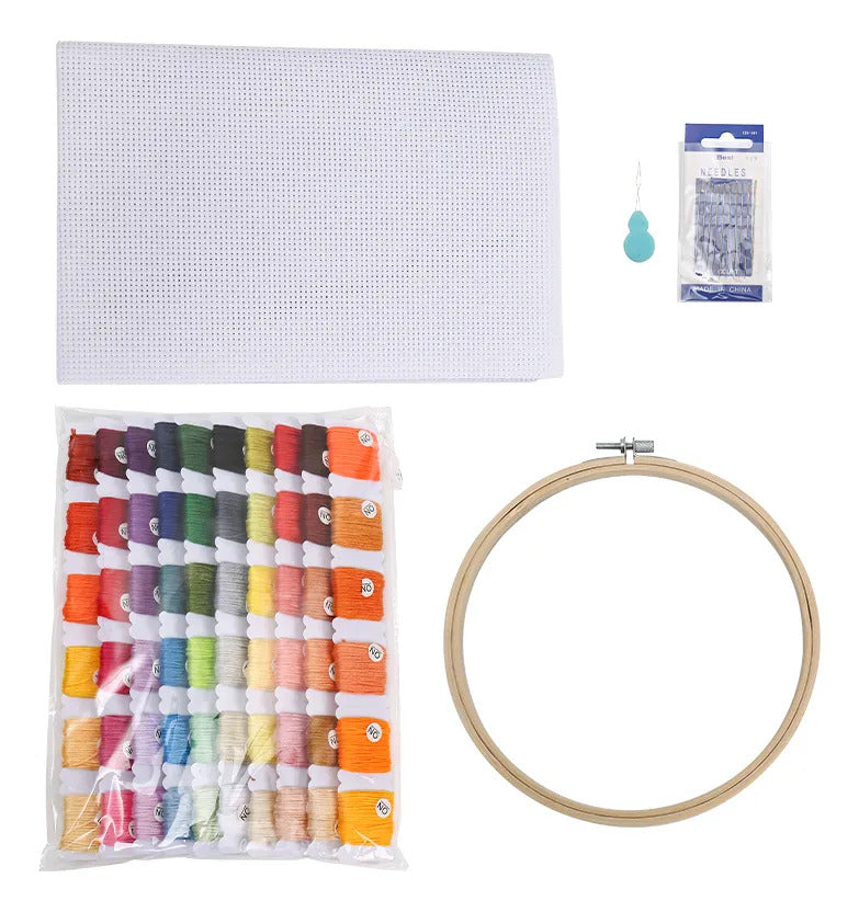 Kit Bordado Completo 60 Hilos, Bastidor, Tela Y Agujas