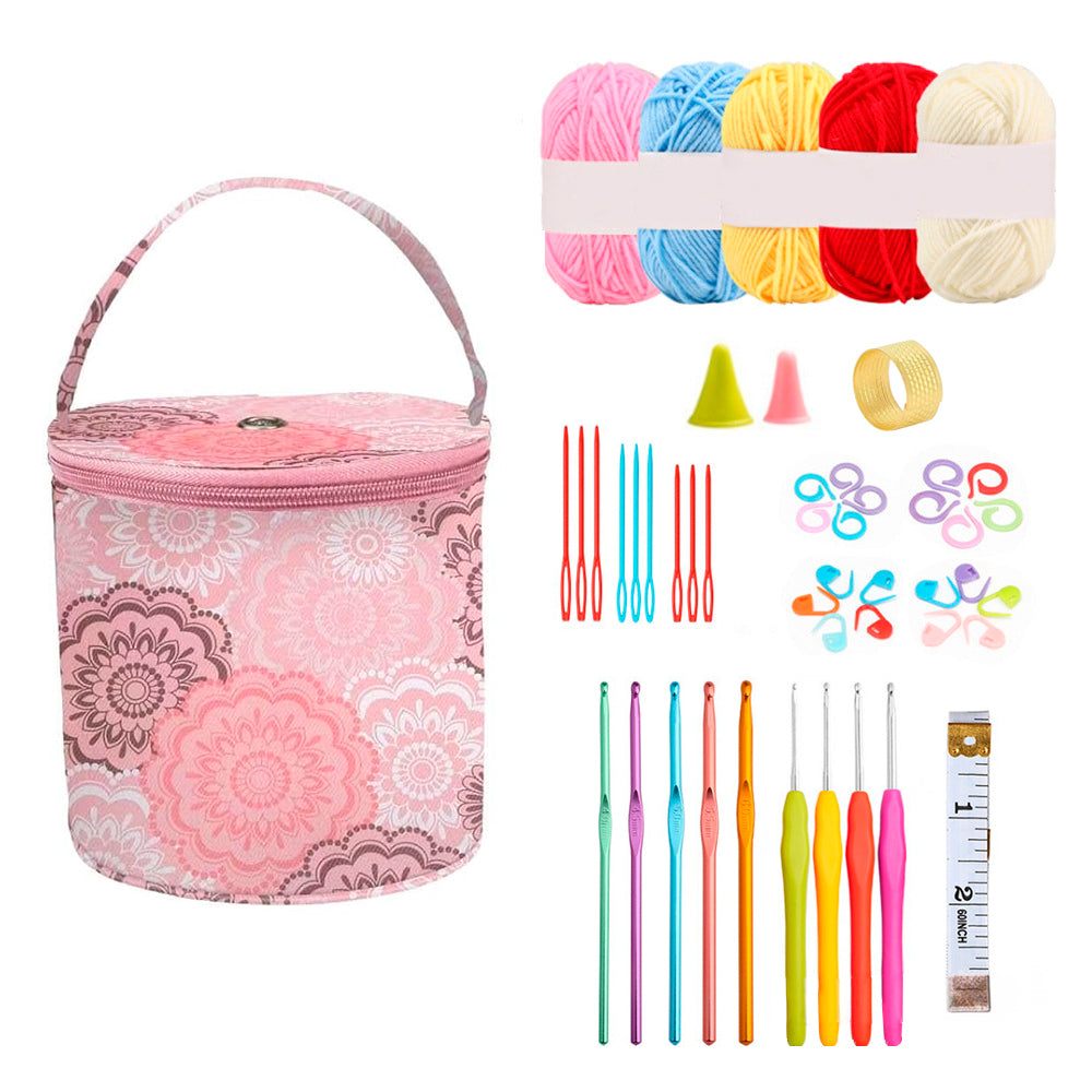 Set de tejido con bolsito, lanas y ganchillos