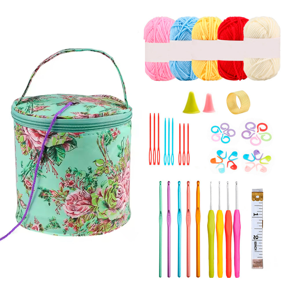 Set de tejido con bolsito, lanas y accesorios