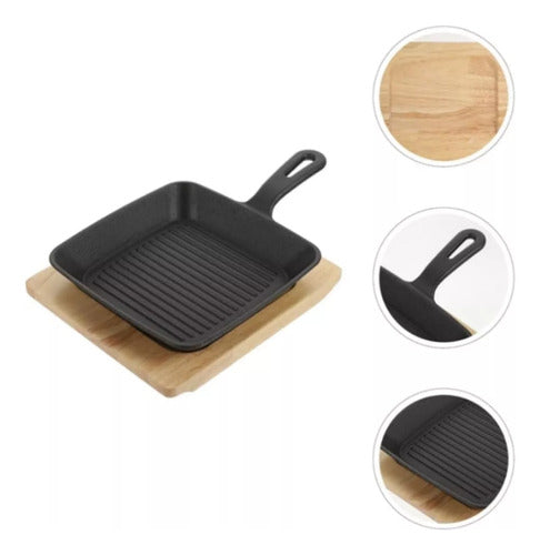 Sartén de hierro fundido con base de madera