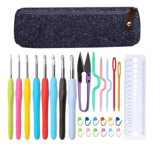 Set para tejer a crochet con estuche gris y accesorios