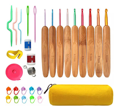 Estuche amarillo con set completo de crochet