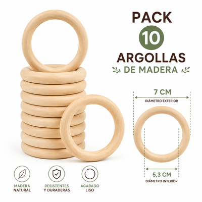 Pack de 10 argollas de madera natural para manualidades