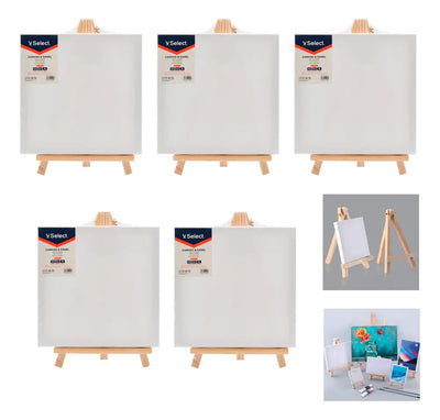 Set 5 Lienzos 25x25cm Con Caballete Madera Pintura Arte