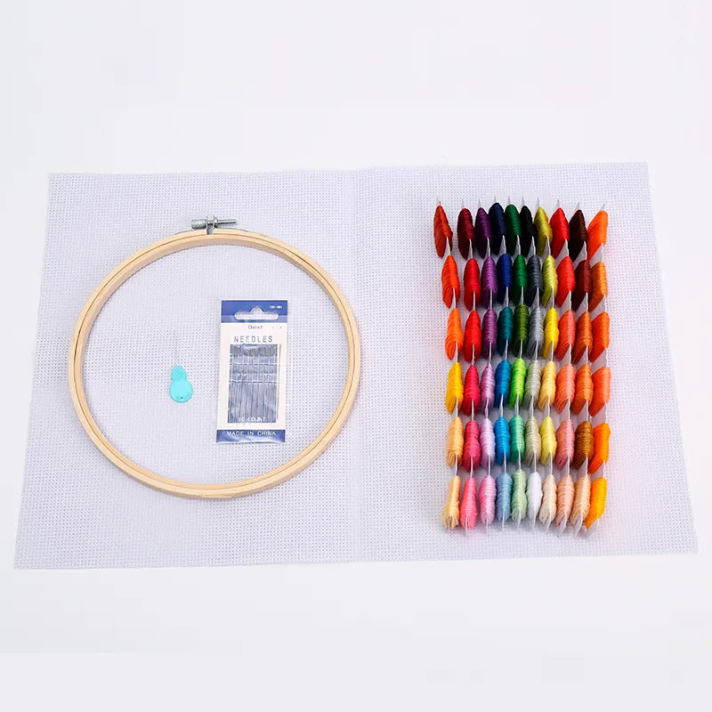 Kit Bordado Completo 60 Hilos, Bastidor, Tela Y Agujas