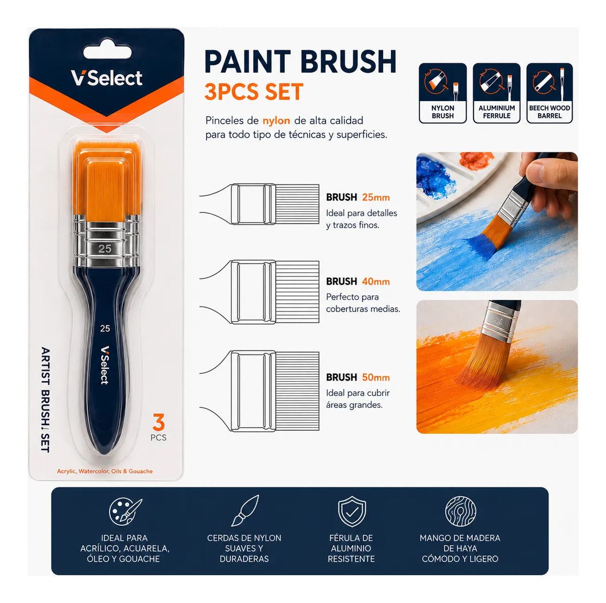 Set 3 Pinceles Planos 25 40 50 Mm Para Pintura