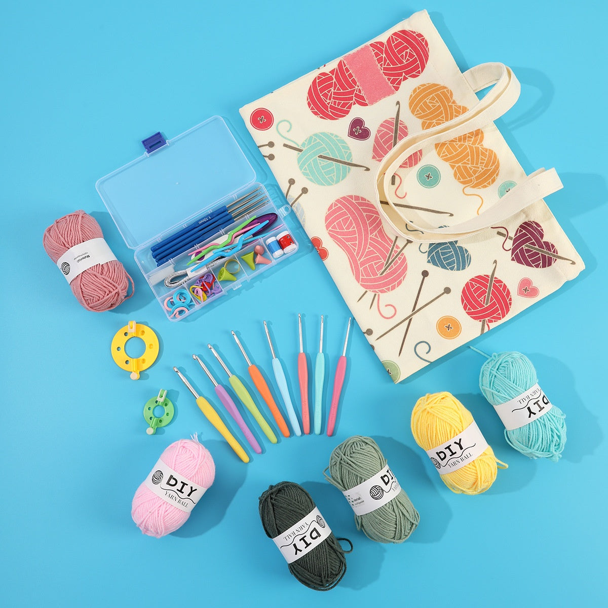 Set Tejido Crochet Accesorios Y Lanas + Tote Bag 79 Piezas