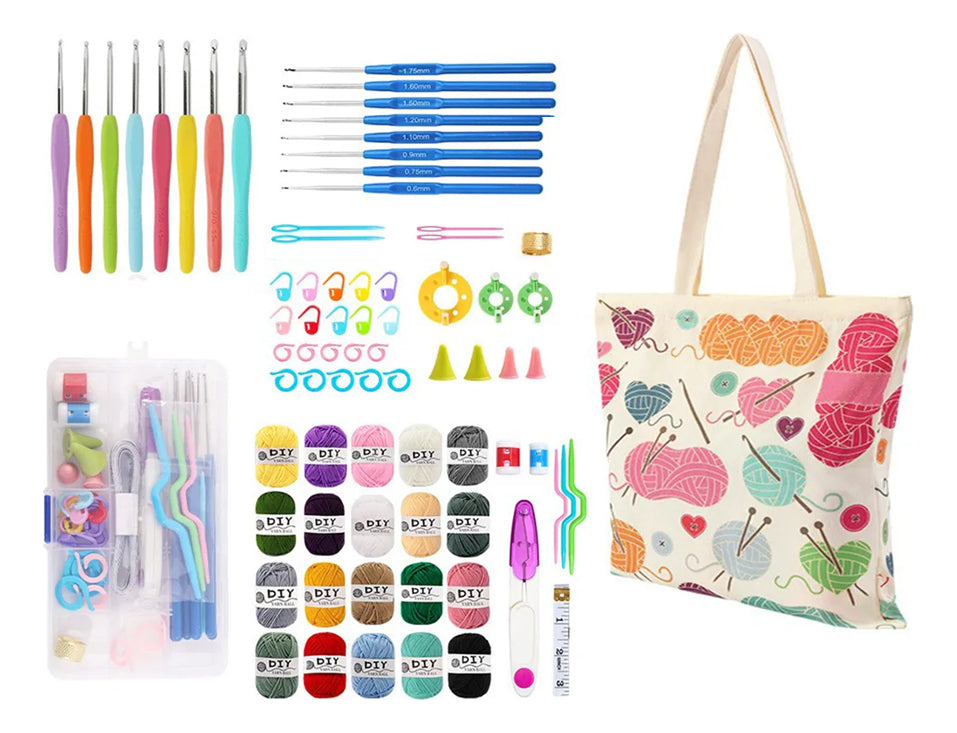 Set Tejido Crochet Accesorios Y Lanas + Tote Bag 79 Piezas