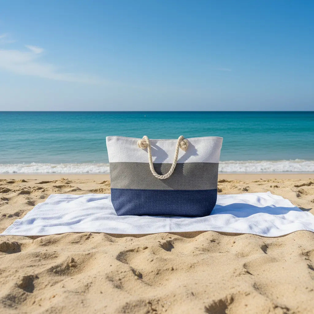 Bolso De Playa Grande Con Asas De Cuerda Resistente Y Cierre