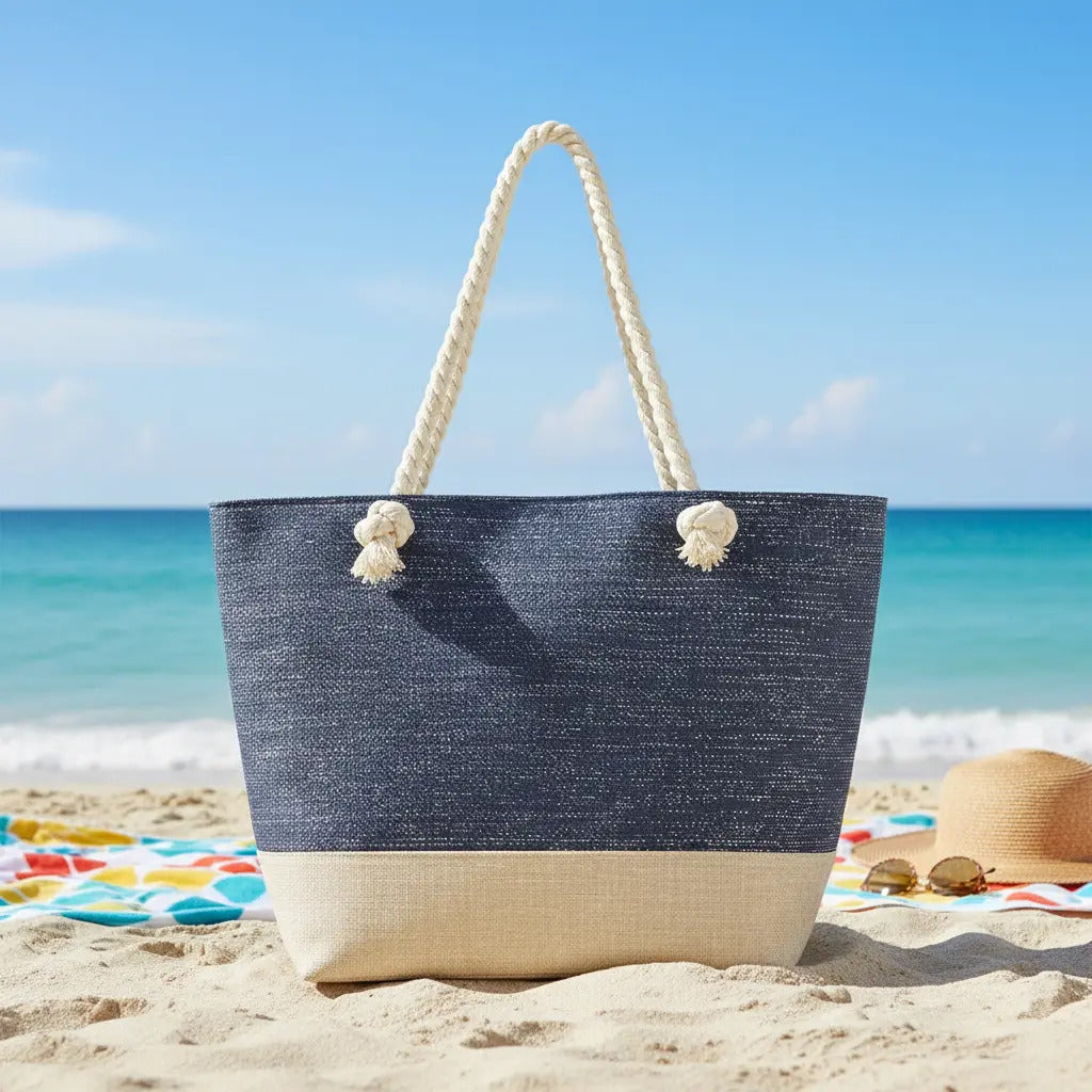Bolso De Playa Grande Reforzado Con Cierre Y Asas De Cuerda