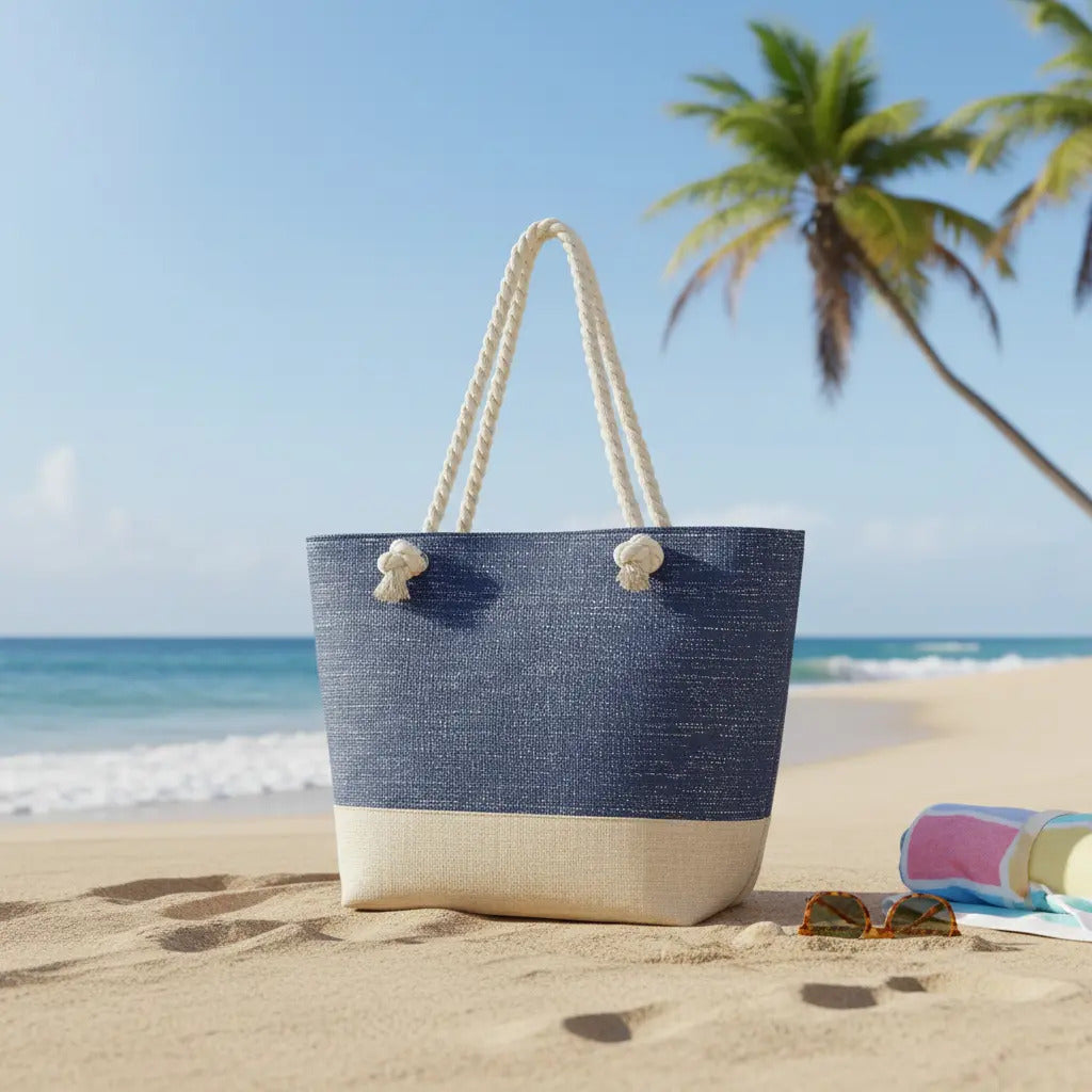 Bolso De Playa Grande Reforzado Con Cierre Y Asas De Cuerda
