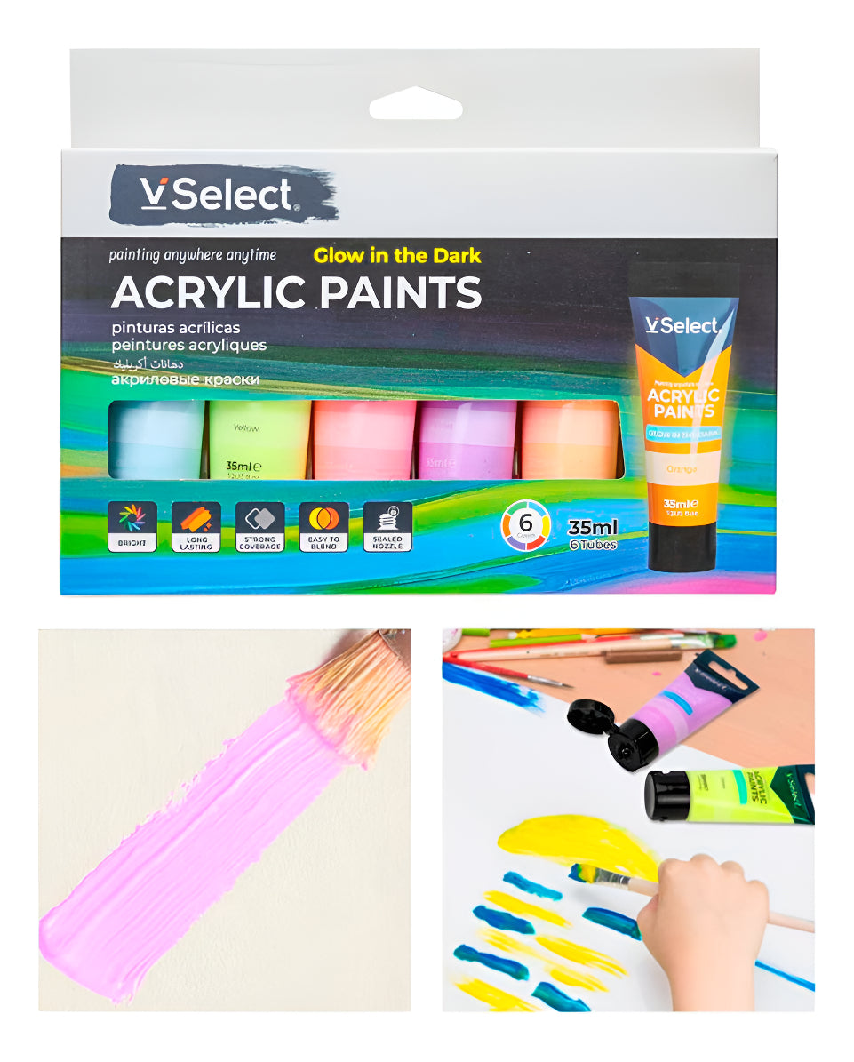 Set 6 Pinturas Acrílicas Colores Brilla En La Oscuridad 35ml