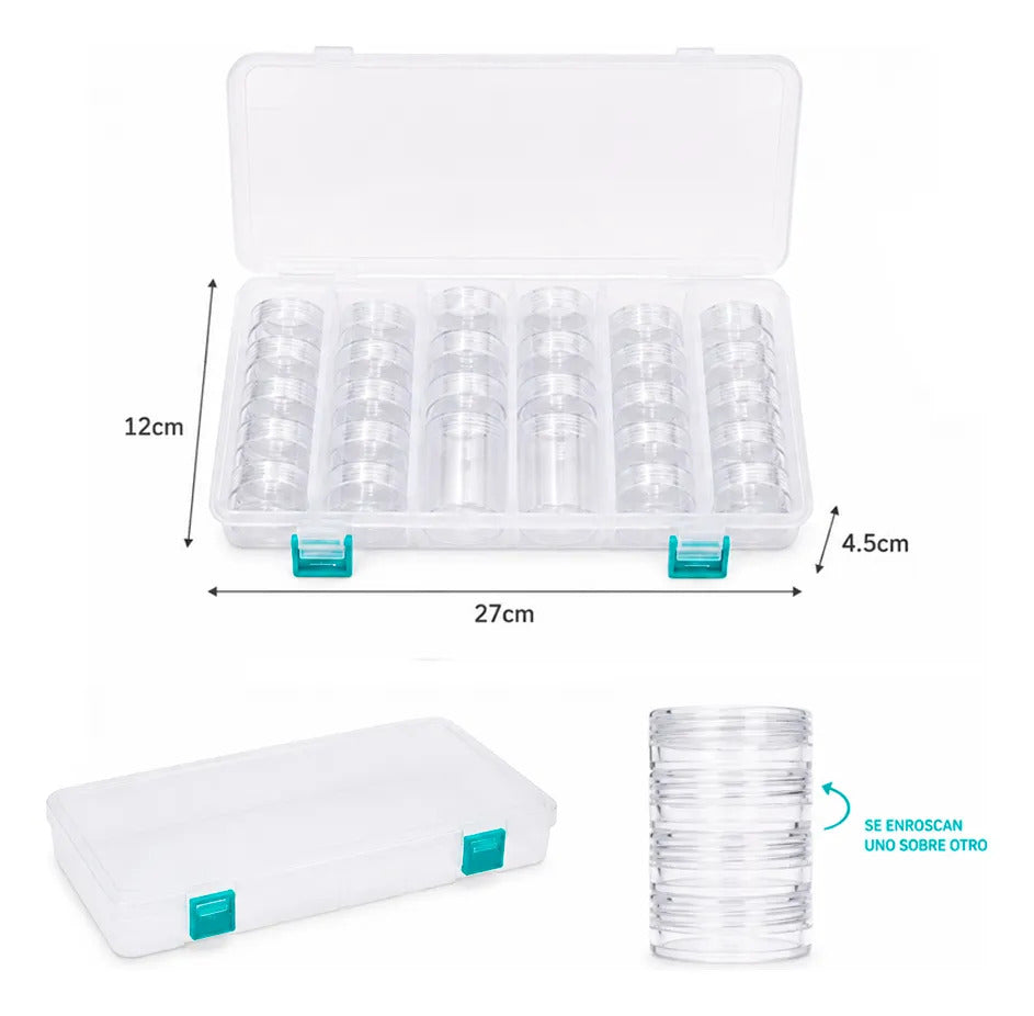 Caja Organizadora Con 28 Frascos Enroscables Mostacillas