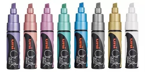 Set 8 Marcadores Tiza liquida Uni Chalk 8K Colores metálicos - Baúl de Ayün