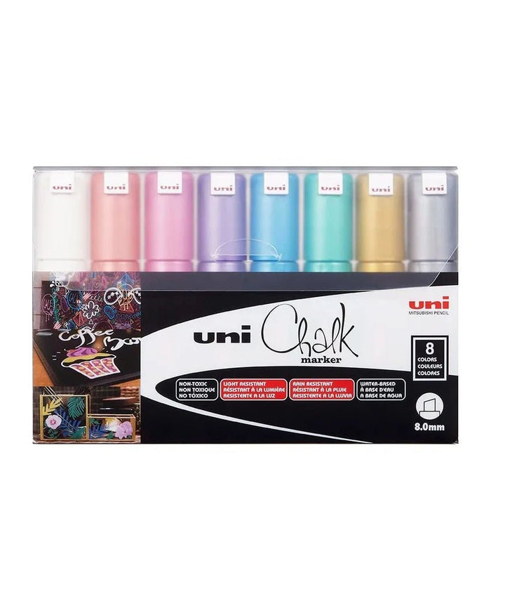Set 8 Marcadores Tiza liquida Uni Chalk 8K Colores metálicos - Baúl de Ayün