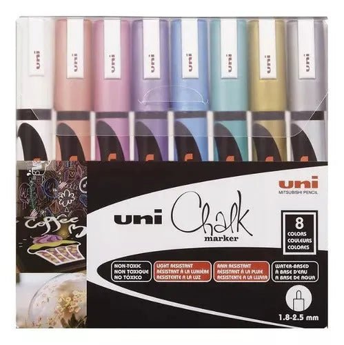 Set 8 Marcadores Tiza Uni Chalk 5M Colores metálicos - Baúl de Ayün