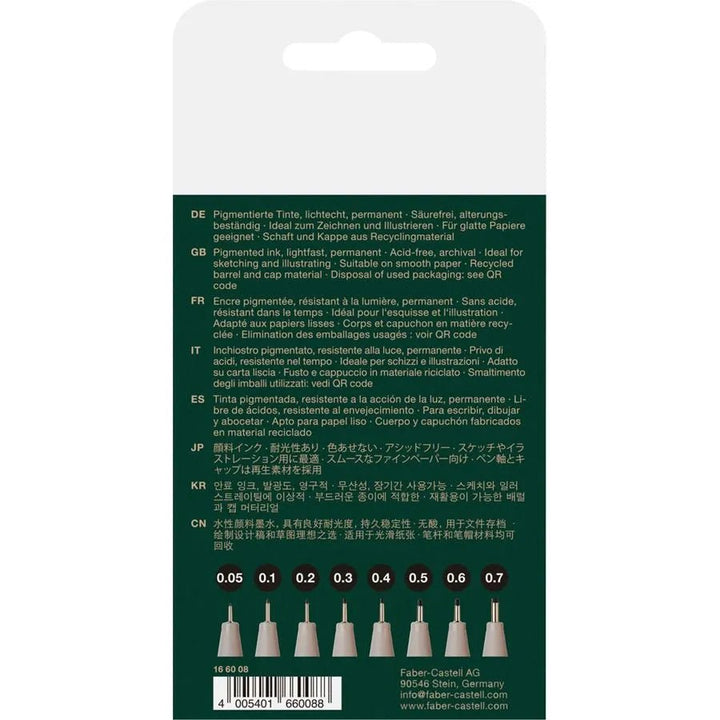 Set 8 Tiralíneas Calibrados Ecco Pigment 0.05 a 0.7mm Faber Castell - Baúl de Ayün