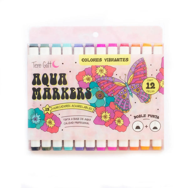 Set de 12 marcadores doble punta Aqua Markers por Tere Gott - Baúl de Ayün