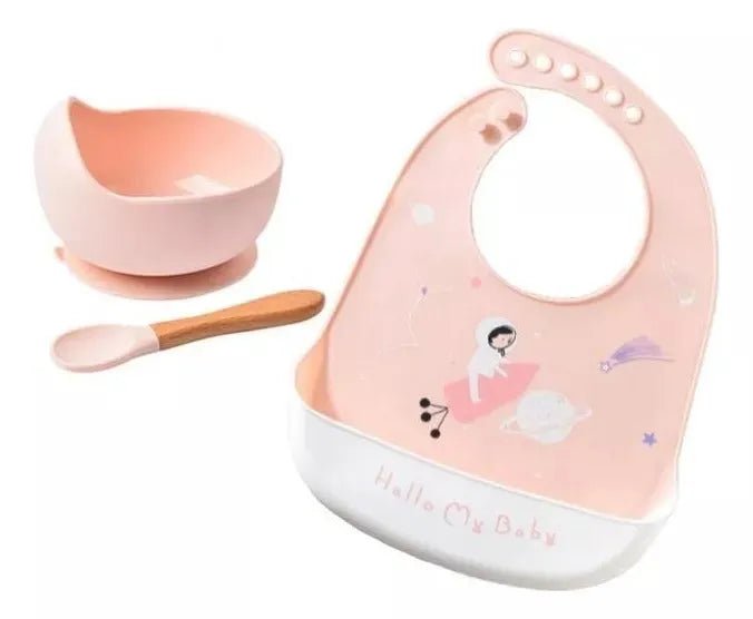 Set De Alimentación Silicona Bebé Cuchara + Plato + Babero - Baúl de Ayün