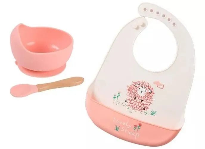 Set De Alimentación Silicona Bebé Cuchara + Plato + Babero - Baúl de Ayün