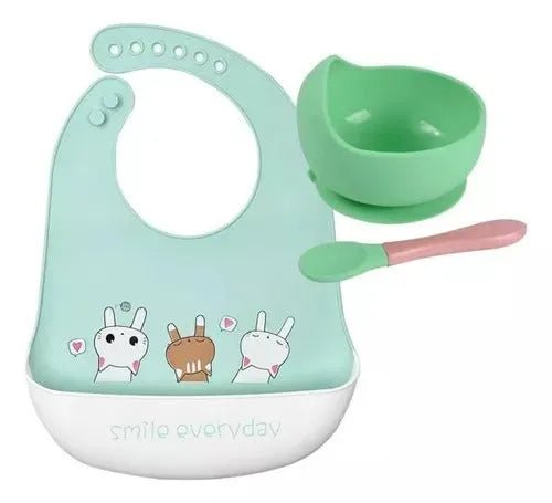 Set De Alimentación Silicona Bebé Cuchara + Plato + Babero - Baúl de Ayün