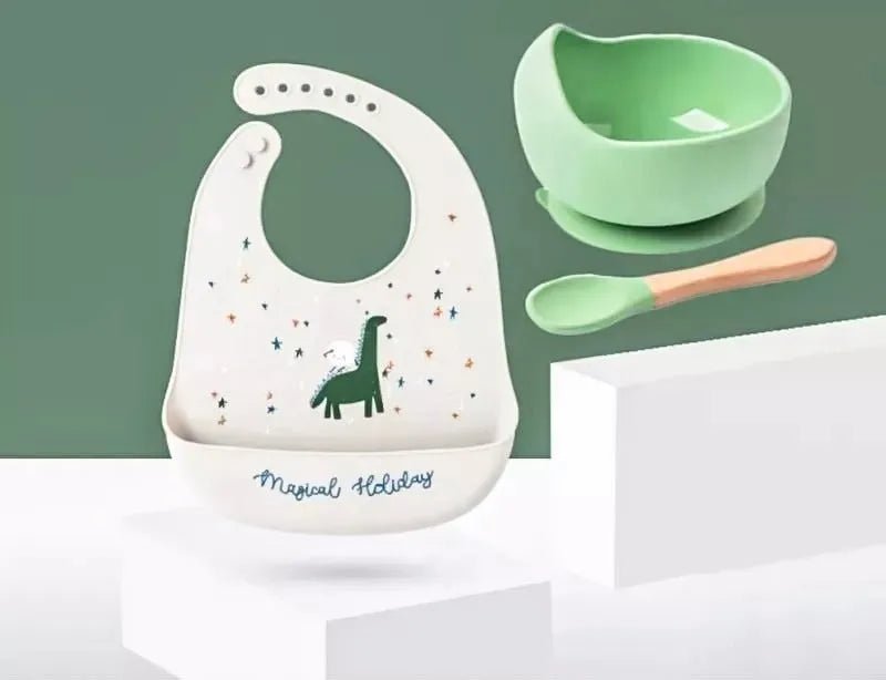 Set De Alimentación Silicona Bebé Cuchara + Plato + Babero - Baúl de Ayün