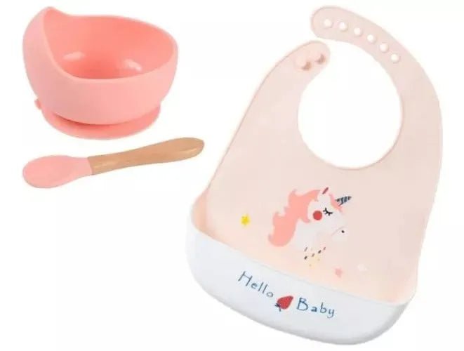 Set De Alimentación Silicona Bebé Cuchara + Plato + Babero - Baúl de Ayün