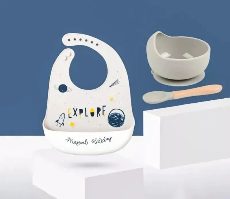 Set De Alimentación Silicona Bebé Cuchara + Plato + Babero - Baúl de Ayün