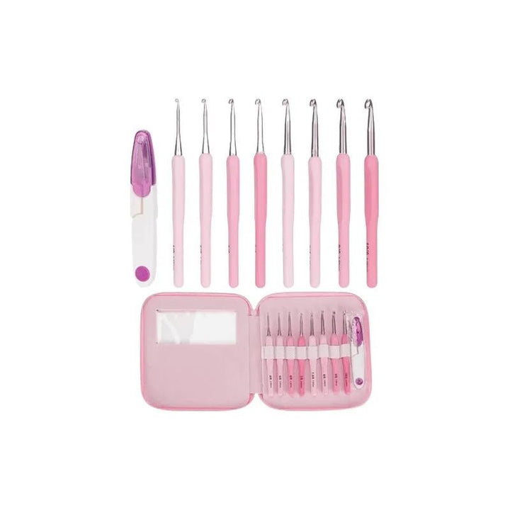 Set De Crochet Con Mango De Silicona - lindo Estuche Rosado - Baúl de Ayün